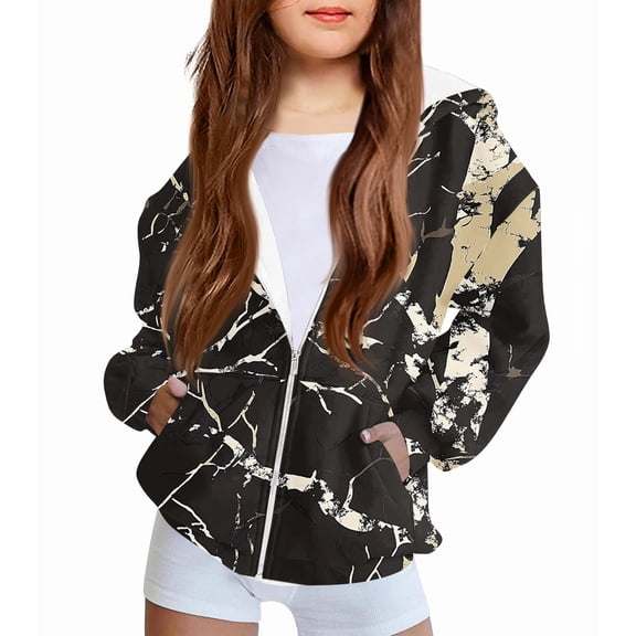 Xyxonk Camo Girls Zip Up Hoodies Kids Size 10-12 Long Sleeve Maple Leaf Graphic Casual Camouflage Sweatshirts Jacket with Pocket Winter Lightweight Fleece Hoodie Kids Coat,Black 150