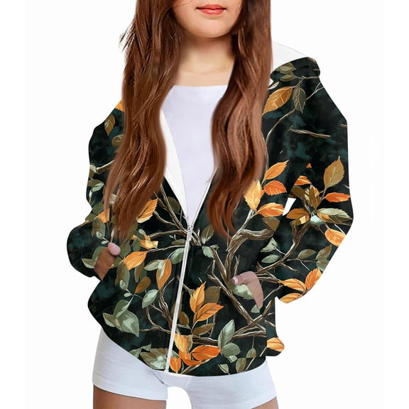 Xyxonk Camo Girls Zip Up Hoodies Kids Size 10-12 Long Sleeve Maple Leaf Print Casual Camouflage Sweatshirts Jacket with Pocket Fall Winter Lightweight Fleece Coat,Dark Gray 160