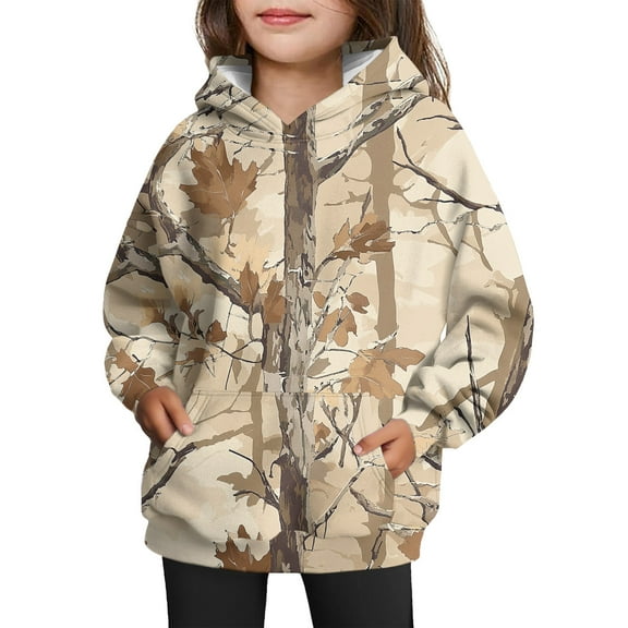 Xyxonk Camo Hoodies for Girls Toddler & Kids 10-12 Years Long Sleeve Maple Leaf Print Cute Camouflage Sweatshirt with Pocket Winter Hunting Fleece Hoodie Kids Clothes,Beige 120