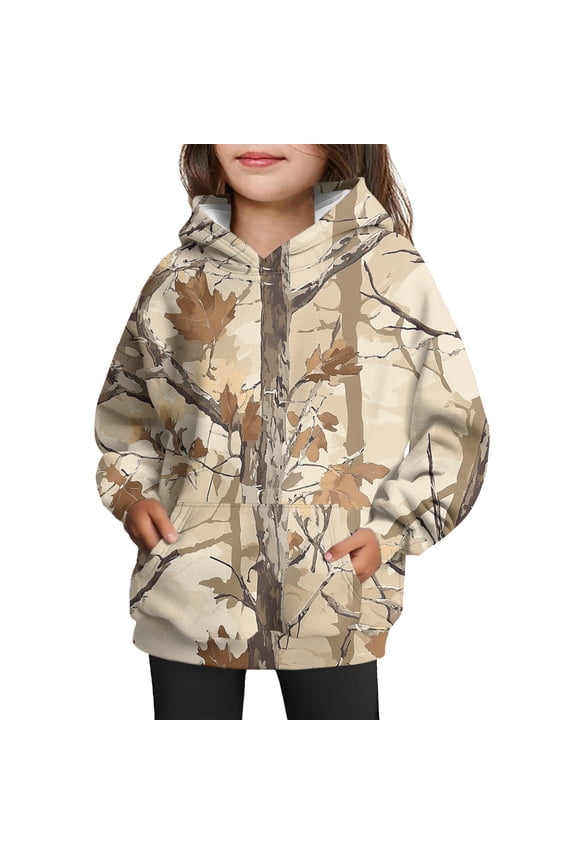 Camo Hoodies for Girls Toddler & Kids 10-12 Years Long Sleeve Maple Leaf Print Cute Camouflage Sweatshirt with Pocket Winter Hunting Fleece Hoodie Kids Clothes,Beige 120