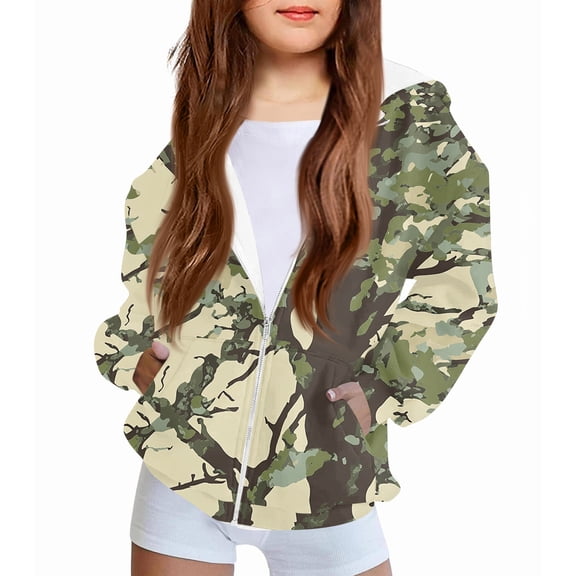 Xyxonk Camo Hoodies for Girls Zip Up Toddler & Kids Size 10-12 Long Sleeve Maple Leaf Graphic Cute Camouflage Sweatshirt Jacket with Pocket Winter Lightweight Fleece Coat,Mint Green 100