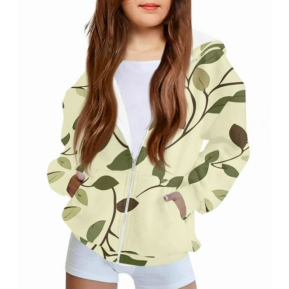 Xyxonk Camo Hoodies for Girls Zip Up Toddler & Kids Size 10-12 Long Sleeve Maple Leaf Graphic Trendy Camouflage Sweatshirts Jacket with Pockets Fall Lightweight Fleece Coat,Beige 160