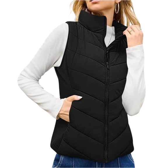 Xyxonk Cotton Vest Women Fall 2025 Quilted Jacket Zip-Up Sleeveless Outwear Vests Lightweight Stand Collar Coats With Pocket,Black L