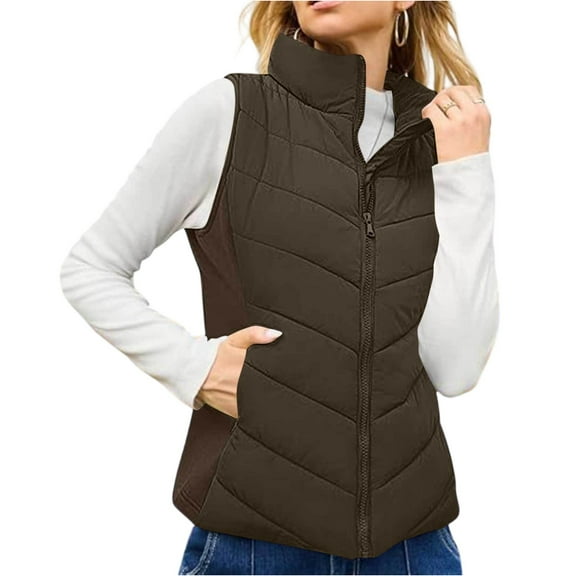 Xyxonk Cotton Vest Women Fall 2025 Quilted Jacket Zip-Up Sleeveless Outwear Vests Lightweight Stand Collar Coats With Pocket,Coffee S