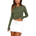 thumbnail image 1 of Xyxonk Crop Tops Fro Women Stretchy Ribbed Long Sleeve Tops Slim Fit Boat Neck Double Lined 2025 Trendy Tight T Shirts Green L, 1 of 3