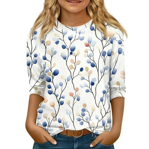 Xyxonk Cute Shirts for Teen Girls 3/4 Sleeve Trendy T Shirts Crew Neck Fall Tops Cute Floral Print Blouses Casual Clothes 10-12 Years