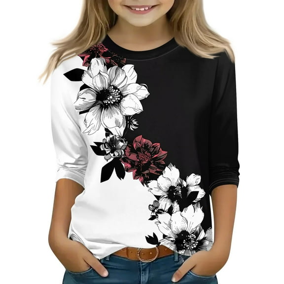 Xyxonk Cute Shirts for Teen Girls Fall 3/4 Sleeve Tops Crew Neck Casual Going Out T Shirts 2025 Floral Print Half Sleeve Clothes 8-9 Years