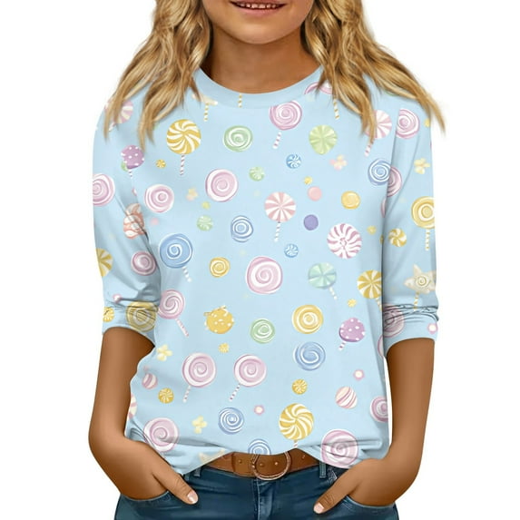 Xyxonk Cute Shirts for Teen Girls Winter 3/4 Sleeve Tops Lollipop Print Round Neck Shirts 2025 Flowy Half Sleeve Outfits 13-14 Years