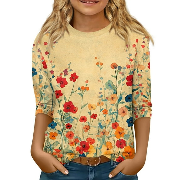 Xyxonk Cute Tops for Girls Fall 3/4 Sleeve Tops Crew Neck Flowy Going Out Shirt 2025 Floral Print Half Sleeve Clothes 13-14 Years