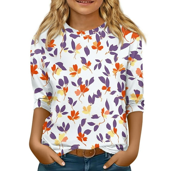 Xyxonk Cute Tops for Girls Fall 3/4 Sleeve Tops Round Neck Lightweight Going Out Shirt 2025 Floral Print Half Sleeve Clothes 9-10 Years