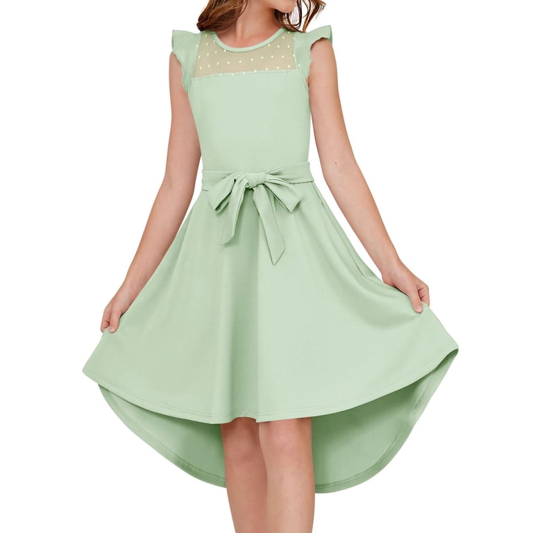 Xyxonk Dresses for Girls Summer Casual Party Dress Ruffle Sleeve Mesh A  Line Dresses with Pockets Belted Solid Color dress 5-14 Years Light Green -  Walmart.com