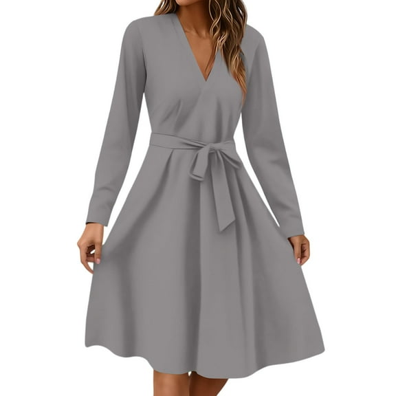 Xyxonk Dresses for Women 2025 Formal Long Sleeve Teacher Dress Fall Tie Waist a Line Dresses Business V-Neck Solid Color Dress Gray 2XL
