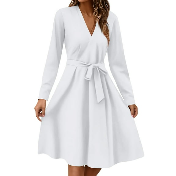Xyxonk Dresses for Women 2025 Long Sleeve Fashion Teacher Dress Fall V Neck Dresses Tie Waist Office a Line Solid Color Dress White XL