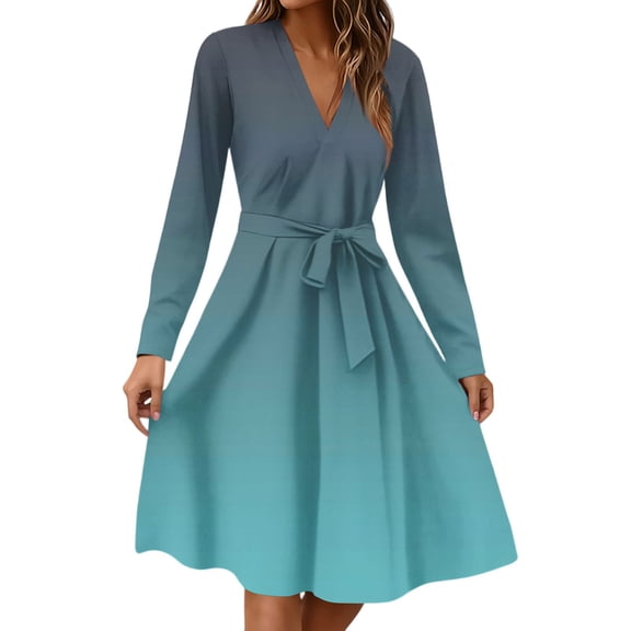Xyxonk Dresses for Women 2025 Long Sleeve Fashion Teacher Dress Winter V Neck Dress Empire Waist Casual A-Line Gradient Print Dresses Royal Blue S