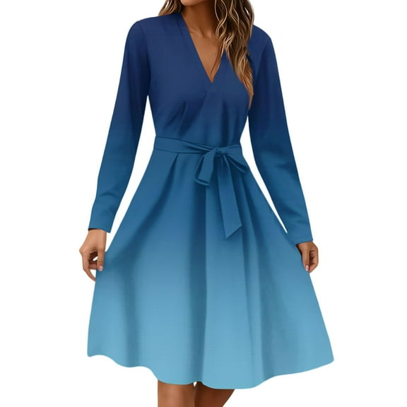 Xyxonk Dresses for Women 2025 Long Sleeve Fashion Teacher Dress Winter V-Neck Dresses Tie Waist Business A-Line Gradient Print Dress Blue S