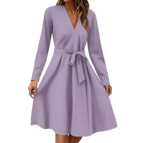Xyxonk Dresses for Women 2025 Long Sleeve Trendy Teacher Dress Winter V Neck Dress Tie Waist Casual A-Line Solid Color Dresses Light Purple S