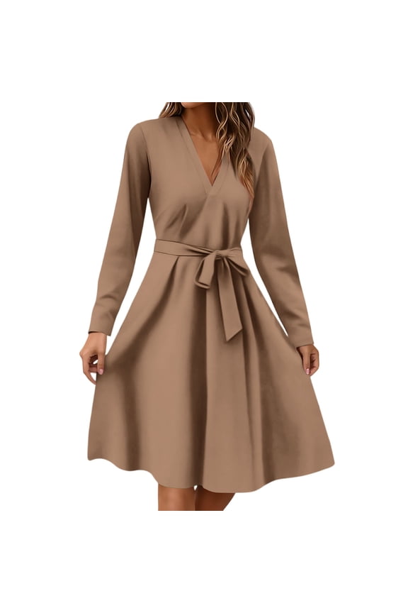 Dresses for Women 2025 Long Sleeve Trendy Teacher Dress Winter V Neck Dresses Empire Waist Business A-Line Solid Color Dress Brown L