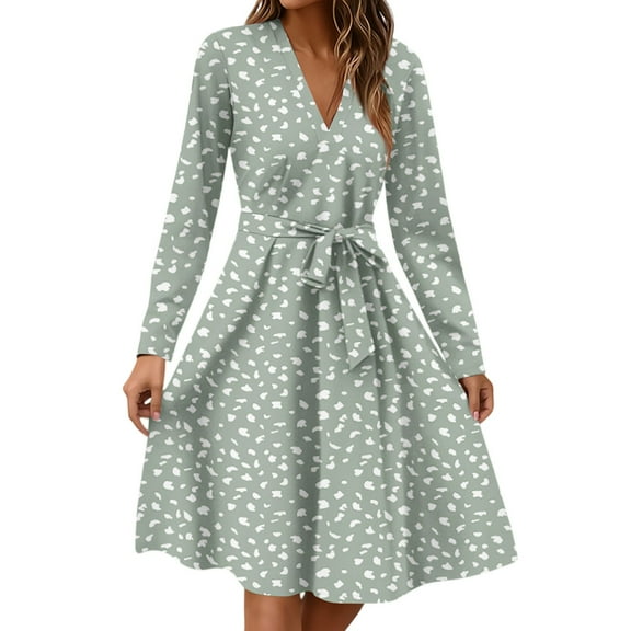 Xyxonk Dresses for Women 2025 Long Sleeve Trendy Teacher Dress Winter V Neck Dresses Empire Waist Office a Line Floral Print Dress Light Gray M