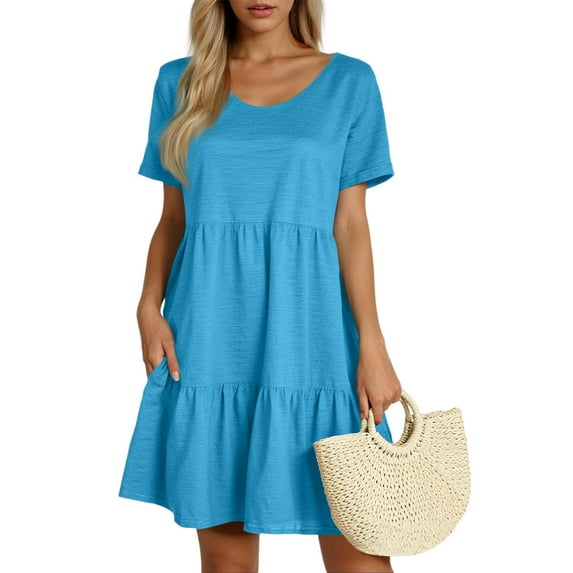 Xyxonk Dresses for Women Short Sleeve Flowy Swing Dresses Cute Casual Solid Color Crewneck Vocation Dresses Blue S