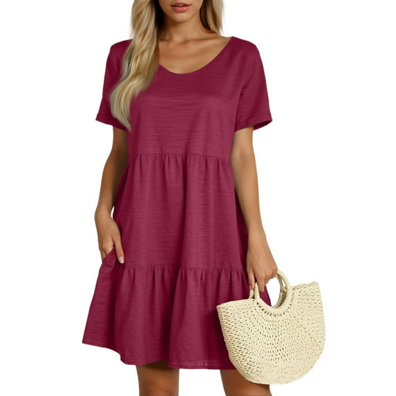 Xyxonk Dresses for Women Short Sleeve Flowy Swing Tunic Dresses Loose Casual Solid Color Crewneck Mini Short Tunic Dress Wine XL