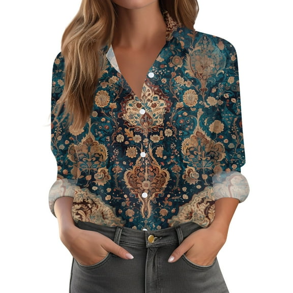 Xyxonk Fall Tops for Women Long Sleeve 2025 V-Neck Pleated Shirt Dressy Casual Button Down Blouses with Pockets Loose Fit Summer Fashion Floral Print Clothing Dark Blue 2XL