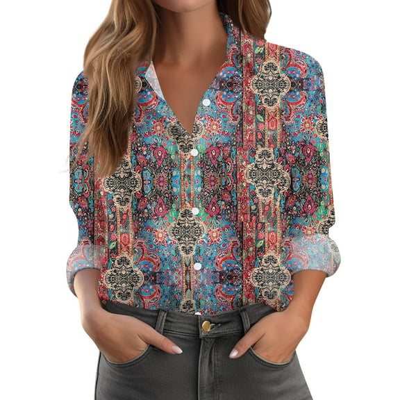Xyxonk Fall Tops for Women Long Sleeve 2025 V-Neck Pleated Shirt Dressy Casual Button Down Blouses with Pockets Loose Fit Summer Trendy Floral Print Outfits Multicolor L