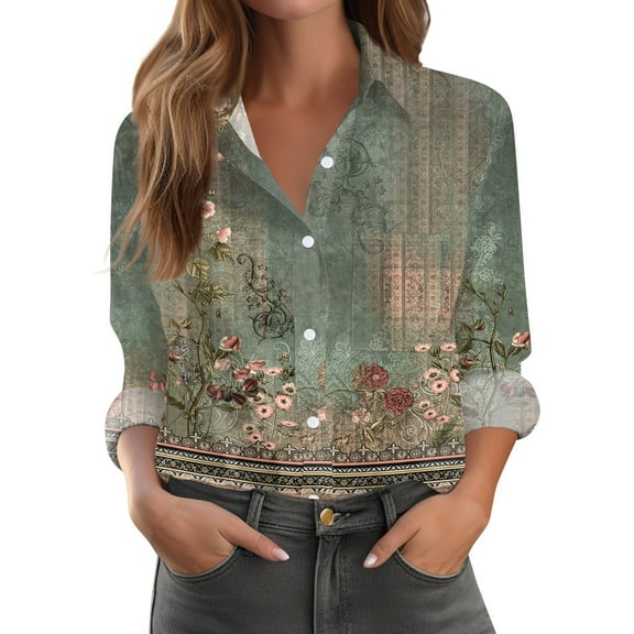 Xyxonk Fall Tops for Women Long Sleeve Pleated V Neck Summer Blouse Dressy Casual Button Down Top With Pocketss Fashion Floral Print Henley Shirts Army Green M