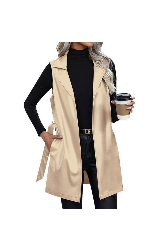 Faux Leather Long Vest for Women Sleeveless Lapel Open Front Vest Slim Fitting PU Leather Motorcycle Jackets with Belt Fall Dressy Casual Duster Coats,Beige S
