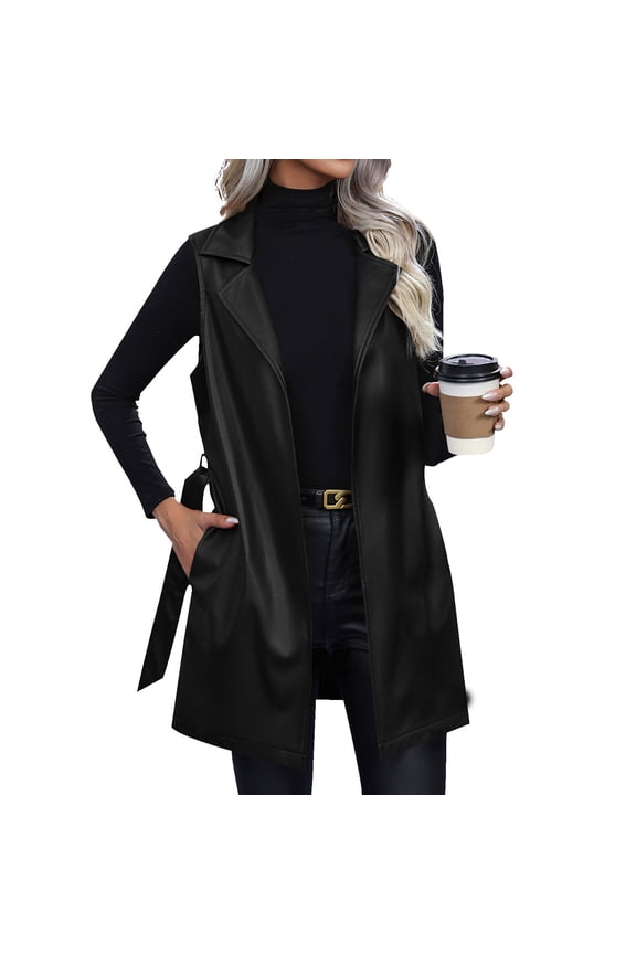 Faux Leather Womens Long Vests Sleeveless Lapel Open Front Vest Slim Fitting PU Leather Vest Jacket with Belt Fall Winter Trendy Duster Coat,Black XL