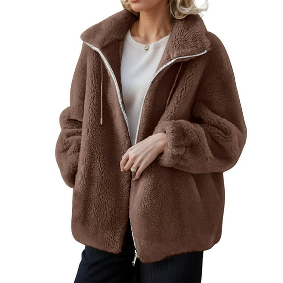 Xyxonk Fleece Jacket Women Fuzzy Winter Jacket Double-Sided Velvet Thickened Coat Plus Size Fluffy Zip Up Hooded Sweatshirt with Pockets Long Sleeve Stand Collar Outwear,Brown L