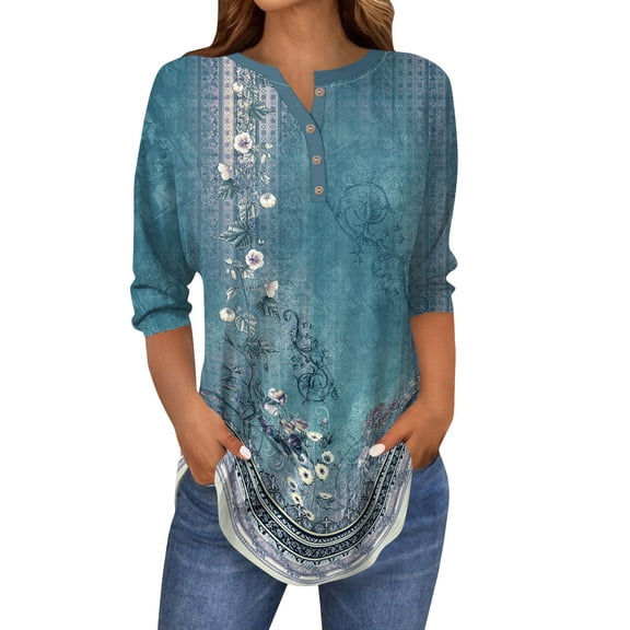 Xyxonk Funny Shirts for Women V Neck Dressy Blouse Vintage Floral Print Button Down Loose Three Quarter Sleeve T-Shirt Funny Graphic Holiday Shirts Women's Outfits,Sky Blue 3XL