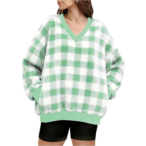 Xyxonk Fuzzy Sweater for Women Fluffy Sherpa Fleece Pullover Long Sleeve Fashion V Neck Top with Pockets Fall Cozy Casual Checkered Print Clothing,Light Green S