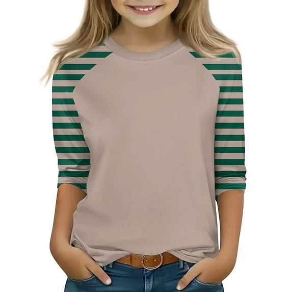 Xyxonk Girls 3/4 Sleeve Shirts Color Block Printed Girls Tops Trendy Size 10-12 Cute Shirt Kids Crewneck Knit Tee Shirt Plain Tween Girls Clothes Girls Size 10 Summer Clothes Green 120
