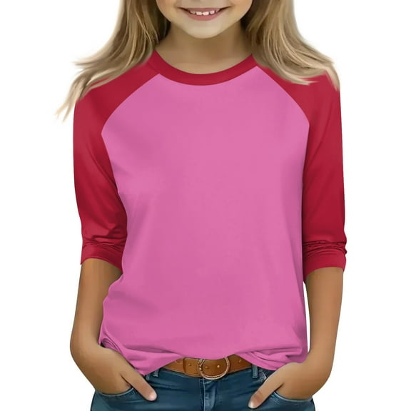 Xyxonk Girls 3/4 Sleeve Shirts Color Block Printed Girls Tops Trendy Size 10-12 Cute Shirt Kids Crewneck Knit Tee Shirts Girls Tops Tween Girls Clothes Girls Size 10 Summer Clothes Red 150