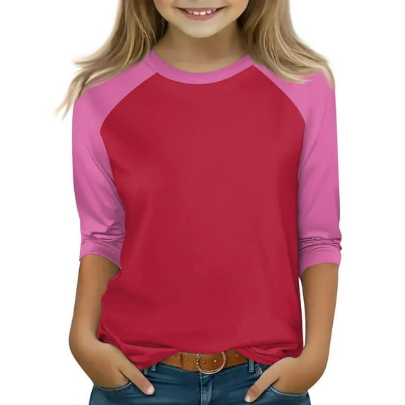Xyxonk Girls 3/4 Sleeve Shirts Color Block Printed Plain Shirts Size 10-12 Summer Cute Shirt Trendy Kids Crew Neck Knit Tshirt Girls Tops Tween Girls Clothes Girls Clothes 12 Pink 140