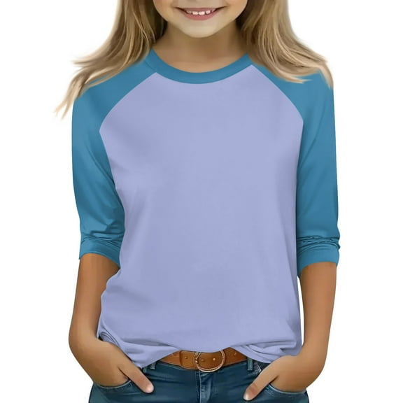 Xyxonk Girls Three Quarter Sleeve Shirts Size 10-12 Color Block Printed Tween Girls Clothes Kids Crew Neck Knit Cute Tee Shirts Trendy Summer Outfits Girls Clothes 12 Blue 150