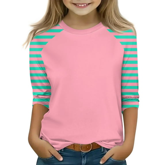 Xyxonk Girls 3/4 Sleeve Shirts Size 10-12 Color Block Printed Girls Tops Tween Girls Clothes Kids Crew Neck Knit Cute Tee Shirt Trendy Summer Outfits Girl Clothes 10/12 Green 100