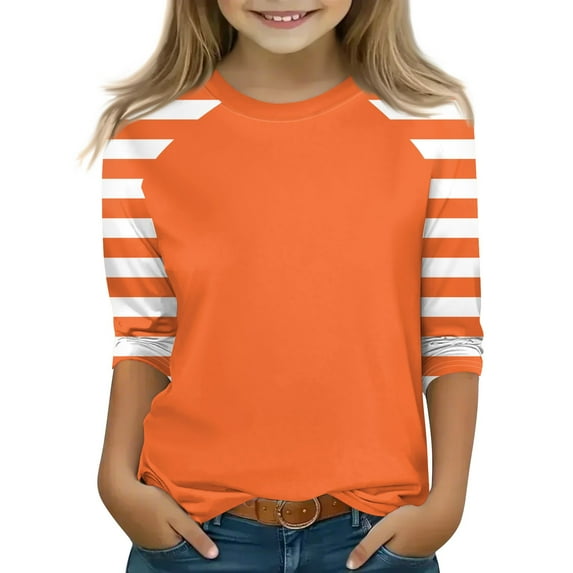 Xyxonk Girls 3/4 Sleeve Shirts Size 10-12 Color Block Printed Plain Tween Girls Clothes Kids Crewneck Knit Cute Tshirt Trendy Summer Outfits Girl Clothes 10/12 Orange 110