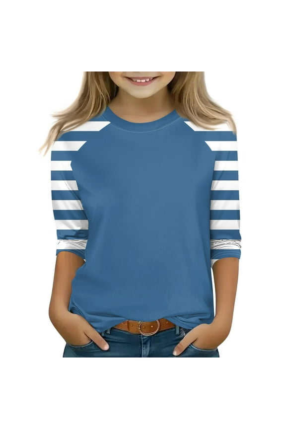 Girls 3/4 Sleeve Shirts Summer Color Block Printed Shirts Size 10-12 Cute Girls Tops Trendy Kids Crew Neck Knit Tshirts Tween Girls Clothes Girls Size 10 Summer Clothes Blue 120