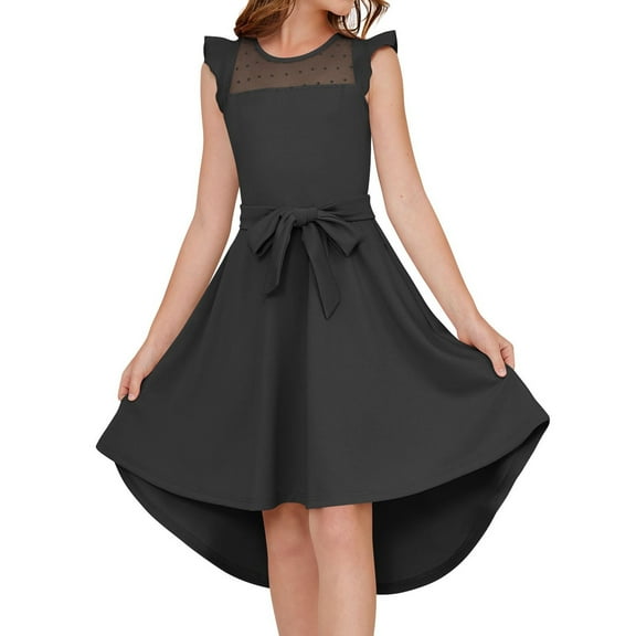 Xyxonk Girls Black Dress Summer Casual Formal Dress Ruffle Sleeve Mesh A Line Dresses with Pockets Belted Solid Color dress 5-14 Years Black