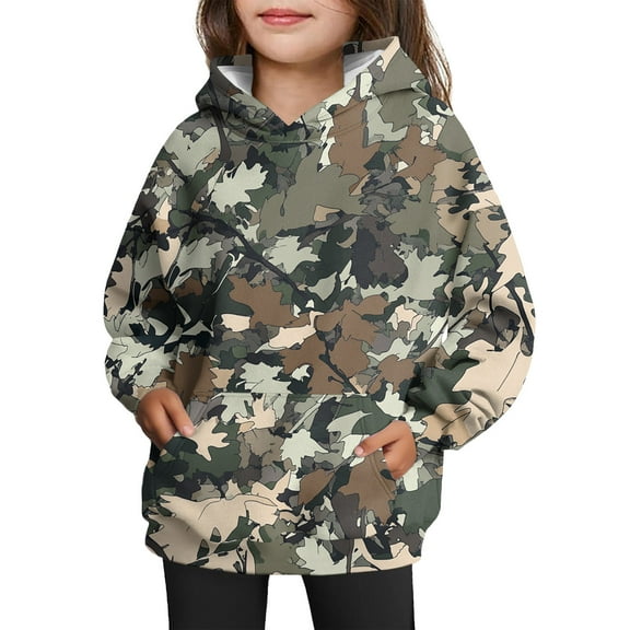 Xyxonk Girls Camo Hoodie Toddler 10-12 Years Long Sleeve Maple Leaf Print Oversized Camouflage Sweatshirt with Pocket Fall Winter Hunting Fleece Pullover Tops,Brown 130