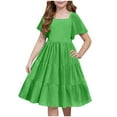 thumbnail image 1 of Xyxonk Girls Dress Ruffle Short Sleeve Smocked Summer Dress Tween Square Neck Flowy Midi Dresses Wedding Solid Color Outfits Army Green 140 (9-10Y), 1 of 3