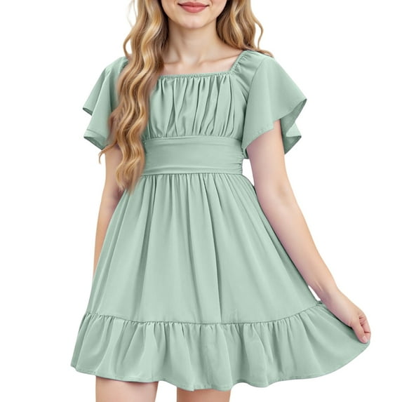 Xyxonk Girls Dresses Tie Back Summer Dress Elegant Ruffle Short Sleeve Sundresses Square Neck Off Shoulder Solid Color Outfits size 12-14 Mint Green