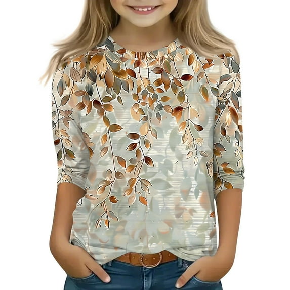 Xyxonk Girls Graphic Tees 3/4 Sleeve Basic Shirt Crew Neck Fall Tops Cute Floral Print Blouses Casual Outfits 14-15 Years