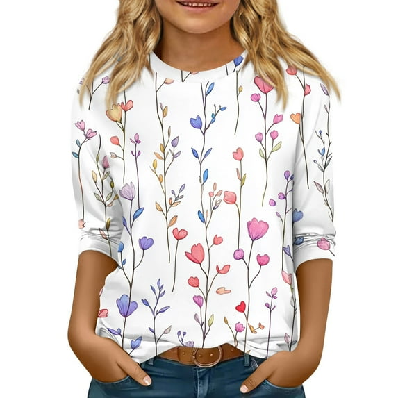 Xyxonk Girls Graphic Tees 3/4 Sleeve Trendy T Shirts Crew Neck Winter Tops Cute Floral Print Blouses Casual Clothes 14-16 Years