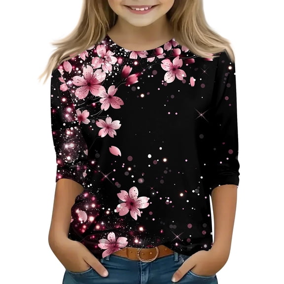 Xyxonk Girls Graphic Tees Fall 3/4 Sleeve Tops Crew Neck Cute Going Out Shirt 2025 Floral Print Half Sleeve Clothes 15-16 Years