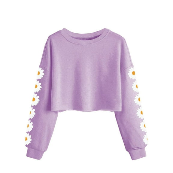Xyxonk Girls Long Sleeve Shirt Cute Daisy Prints Crop Tops Tshirt Kids Crewneck Size 10-12 Cute Tween Girls Clothes Trendy Fall Outfits Light Purple 160