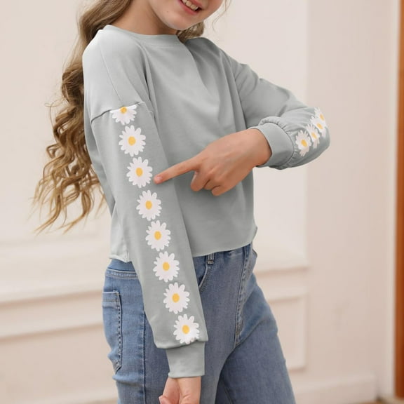 Xyxonk Girls Long Sleeve Shirts Fall Cute Cute Daisy Prints Crop Tops Size 10-12 Kids Crewneck T-shirts Trendy Tween Girls Clothes Light Gray 160