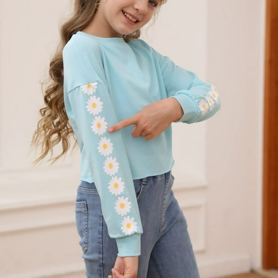 Xyxonk Girls Long Sleeve Shirts Fall Cute Shirts Size 10-12 Kids Crew Neck Tshirts Trendy Cute Daisy Prints Crop Tops Tween Girls Clothes Light Blue 120