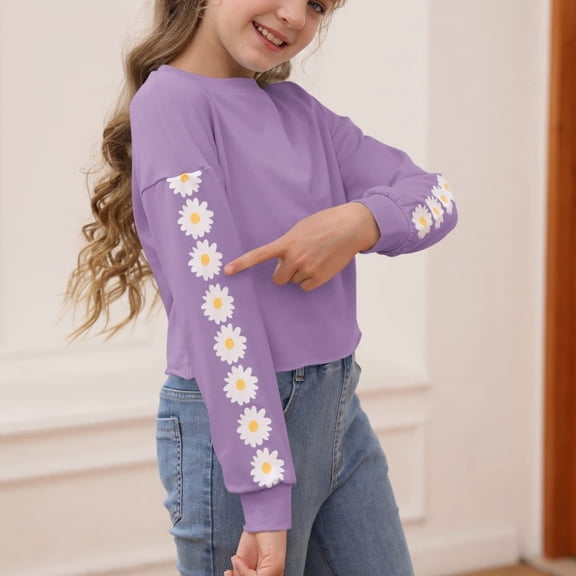 Xyxonk Girls Long Sleeve Shirts Fall Trendy Cute Daisy Prints Crop Tops Size 10-12 Crew Neck Tee Shirts Cute Kids Tween Girls Clothes Light Purple 150